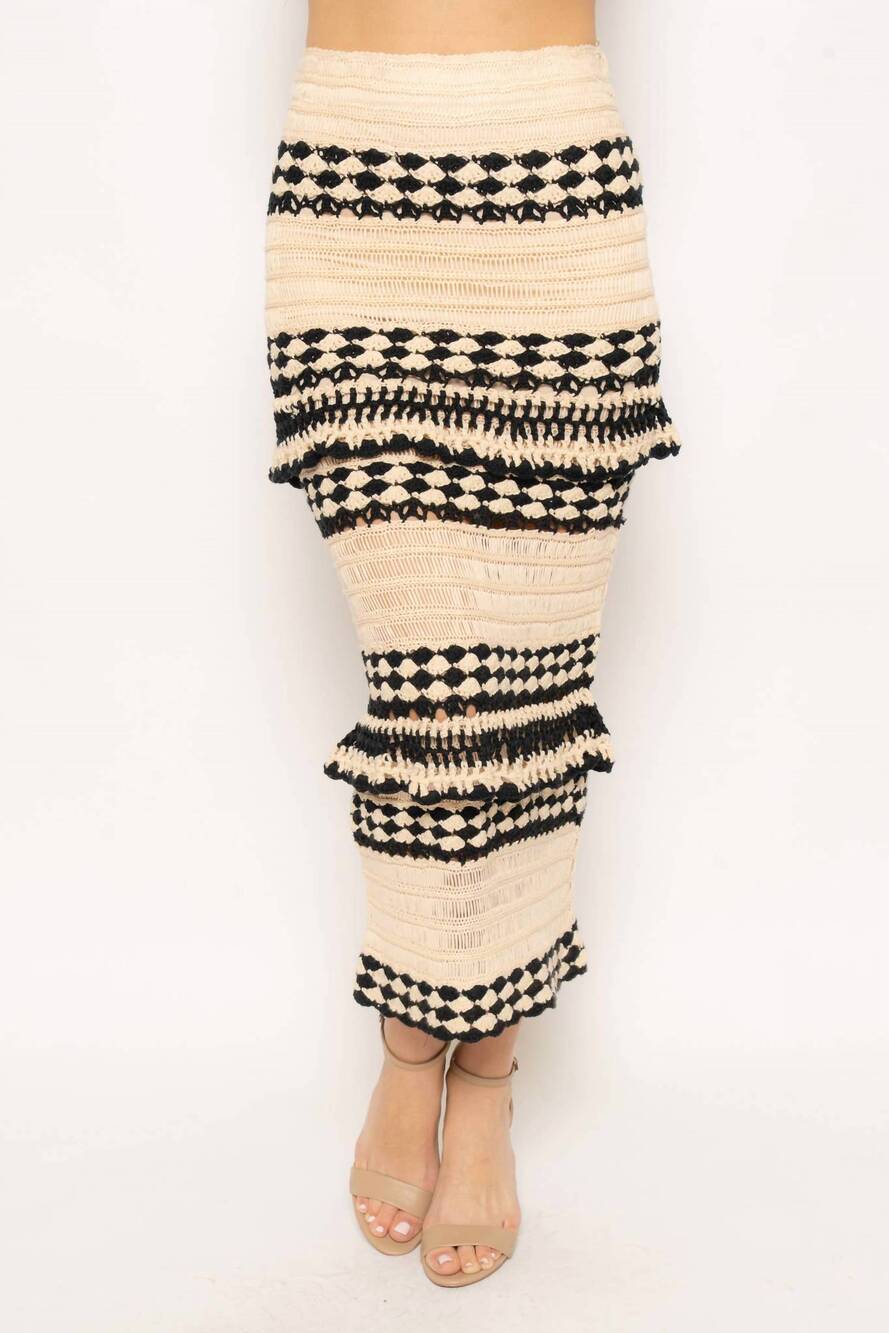 NEW FORE COLLECTION crochet ruffle maxi skirt in cream black